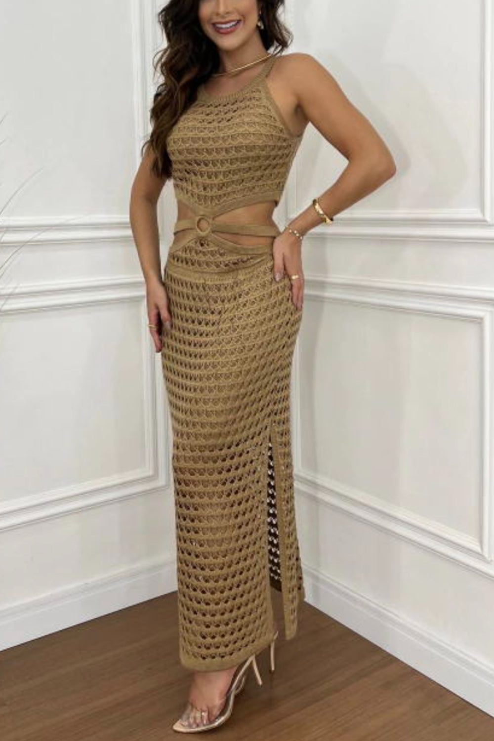 Cutout Slit Round Neck Sweater Dress - felvior