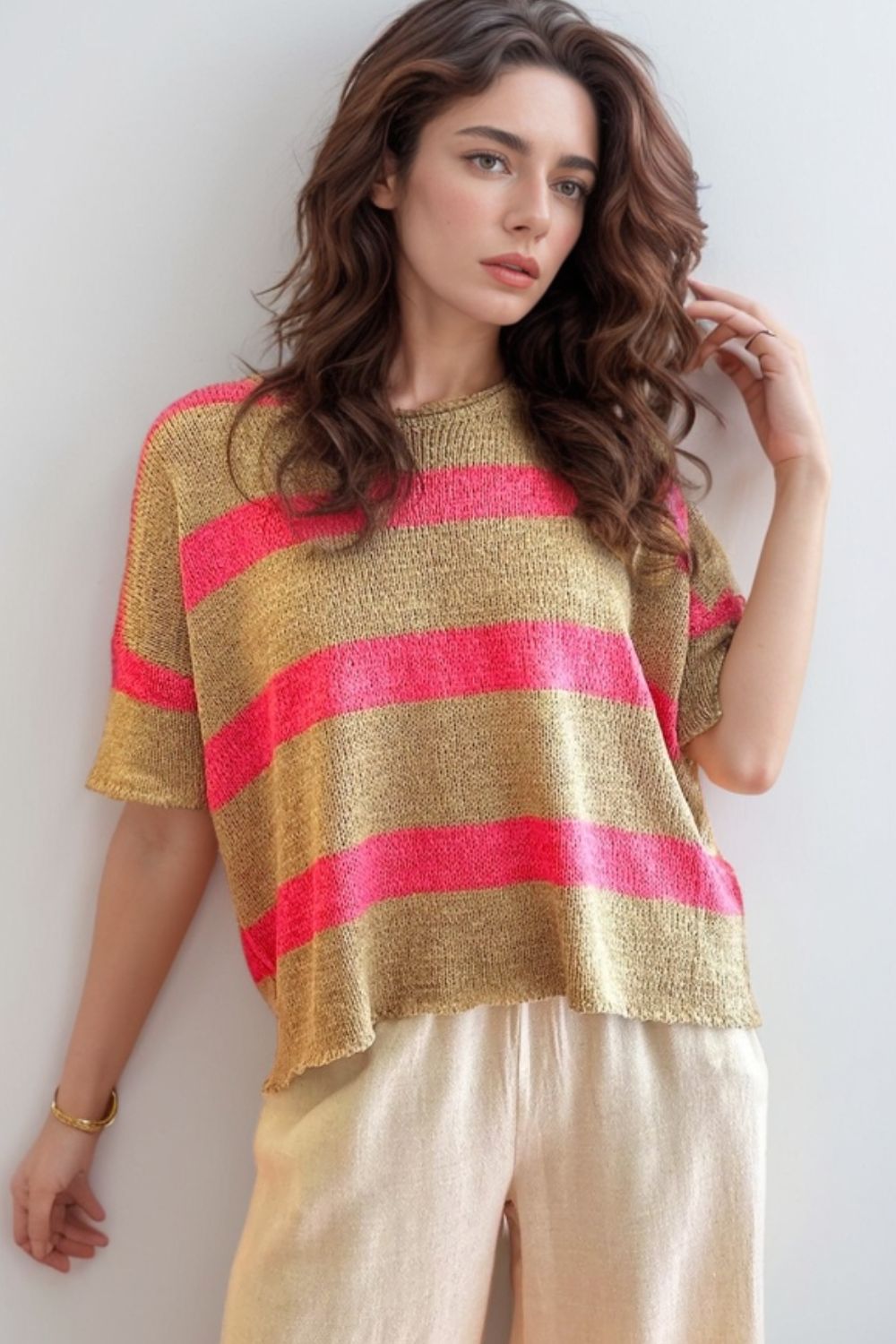 Contrast Striped Crew Neck Lightweight Knit Top - felvior