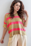 Contrast Striped Crew Neck Lightweight Knit Top - felvior