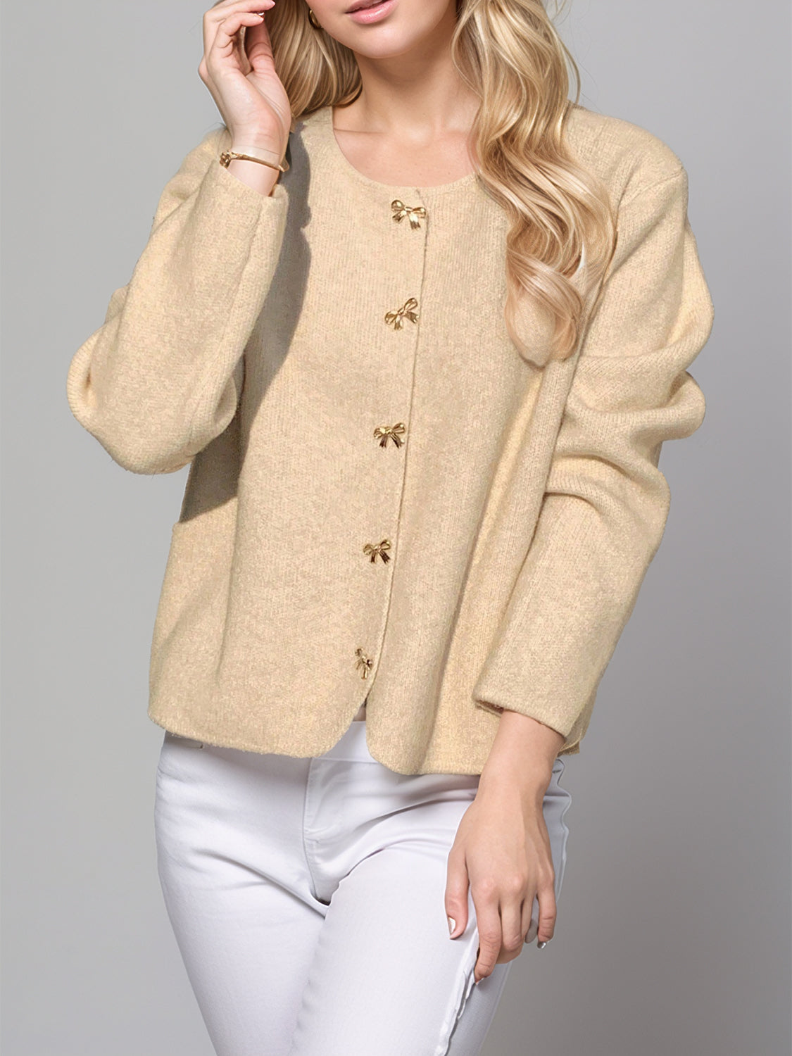 Bow Button Down Round Neck Long Sleeve Cardigan - felvior