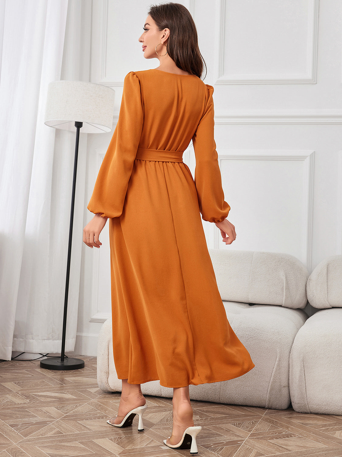 Tie Waist Puff Sleeve Maxi Dress - felvior