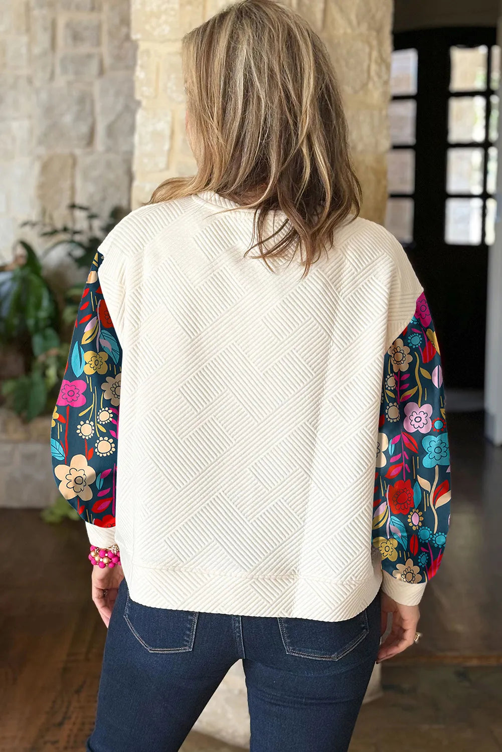 Plus Size Texture Printed Round Neck Long Sleeve Blouse - felvior