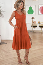 Smocked Waist Sleeveless Tiered Dress with Pockets