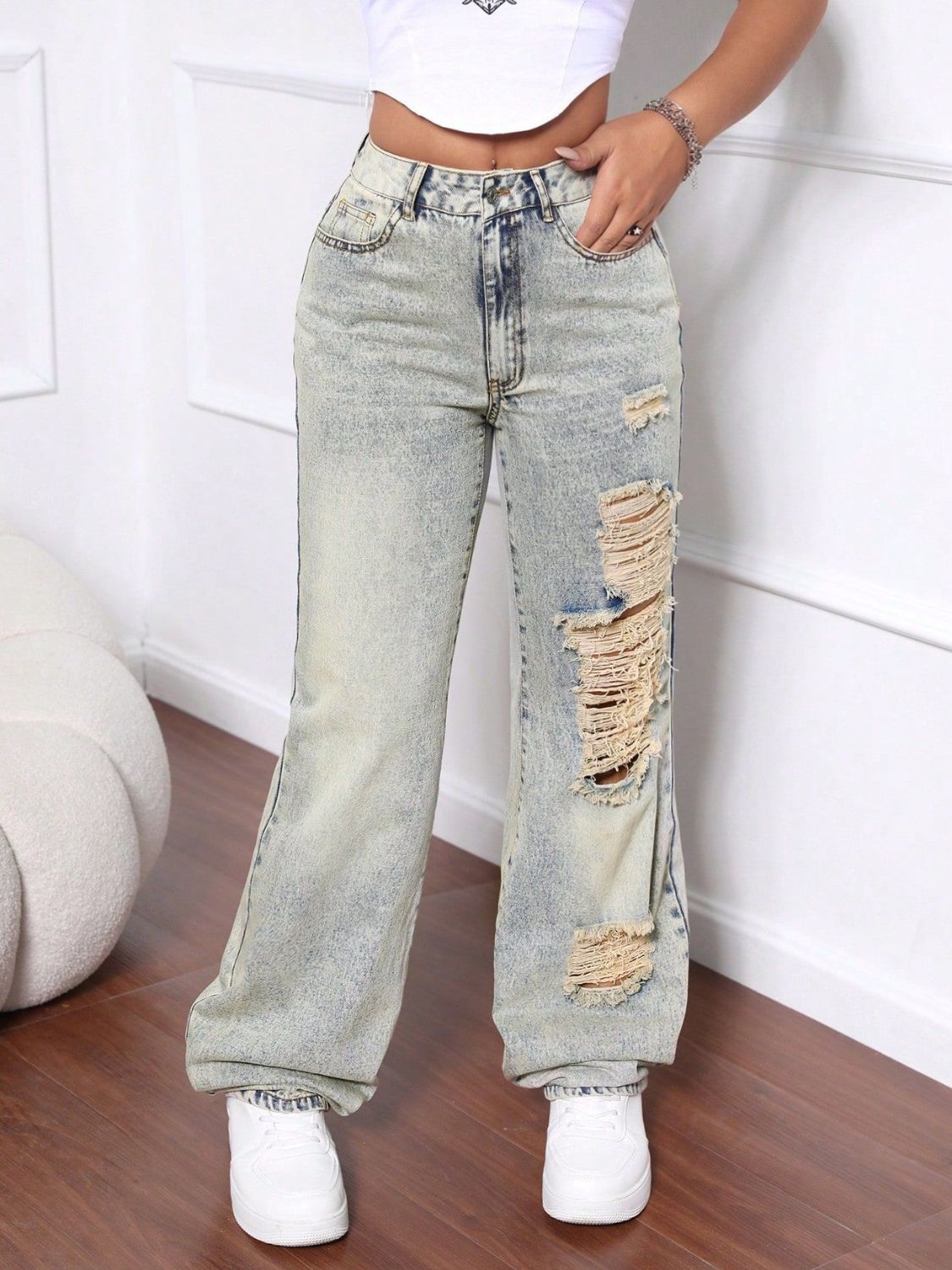 Distressed High Waist Jeans - felvior