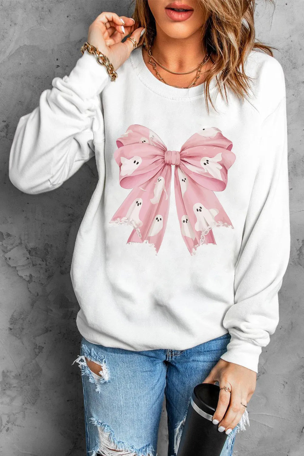Bow Round Neck Long Sleeve Sweatshirt Image principale du produit