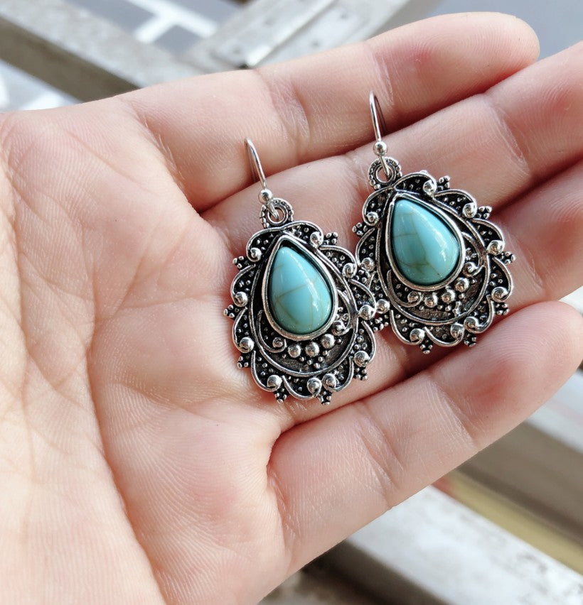Artificial Turquoise Alloy Teardrop Dangle Earrings - felvior