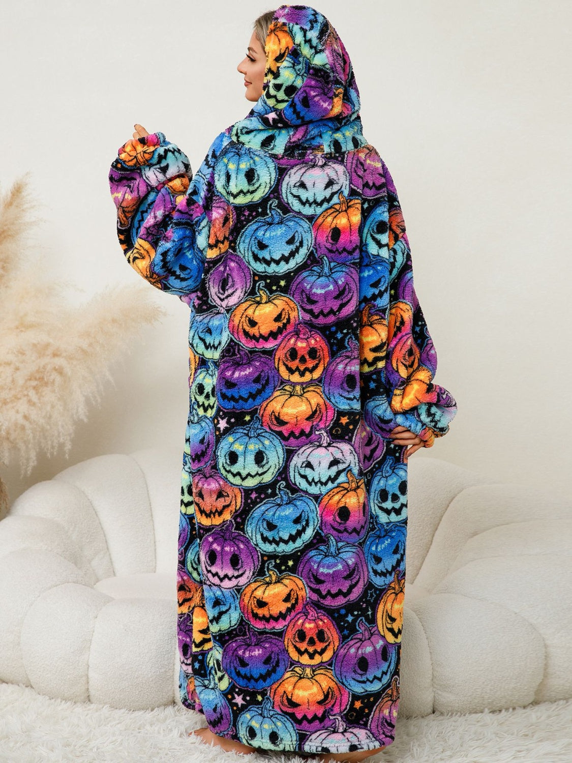 Fuzzy Pocketed Long Sleeve Hooded Lounge Dress - felvior