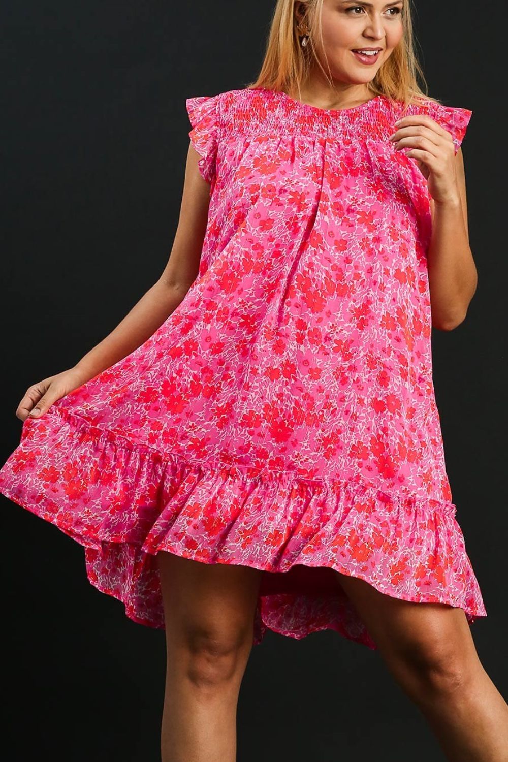 Umgee Full Size Smocked Detail Floral Metallic Ruffle Cap Sleeve Dress Plus Size - felvior