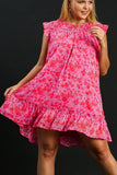 Umgee Full Size Smocked Detail Floral Metallic Ruffle Cap Sleeve Dress Plus Size - felvior