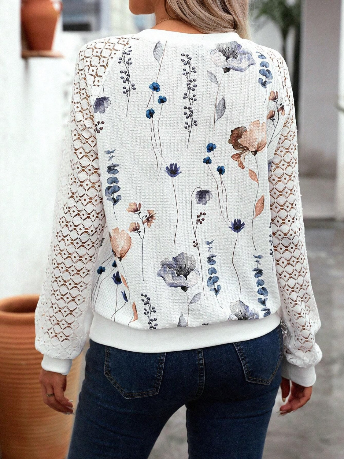 Printed Round Neck Long Sleeve Top - felvior