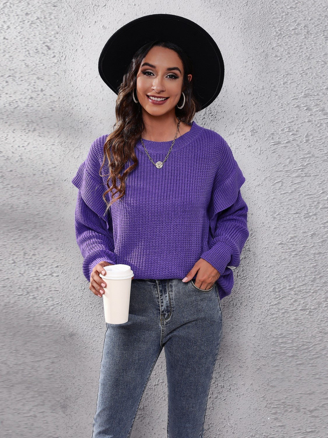 Ruffled Round Neck Dropped Shoulder Sweater Hauptbild