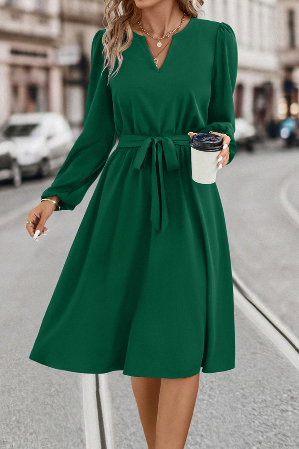Tie Waist Notched Neck Long Sleeve Dress Hauptbild