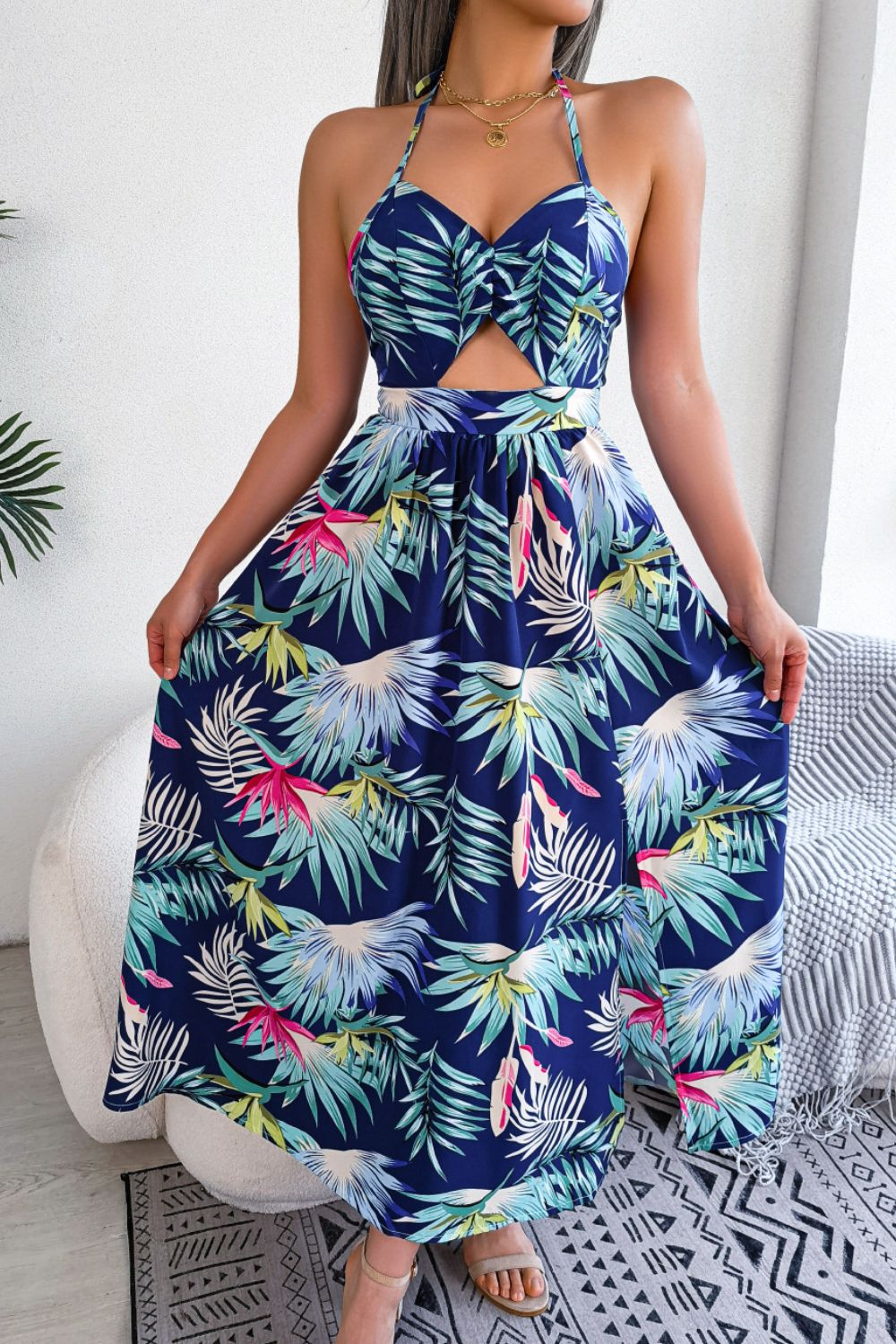 Botanical Print Tied Backless Cutout Slit Dress - felvior