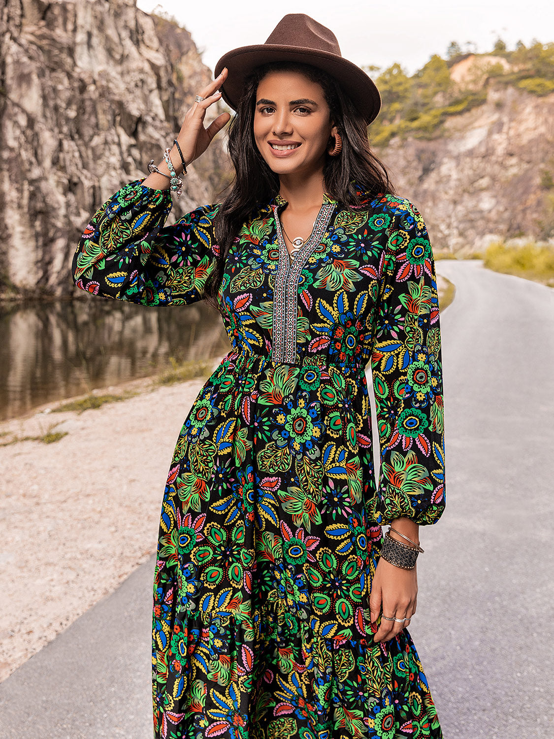 Printed Notched Neck Maxi Dress - felvior