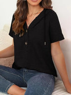 Drawstring Waffle-Knit Short Sleeve Hooded Top