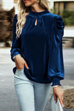 Tie Up Mock Neck Velvet Fabric Long Sleeve Blouse - felvior