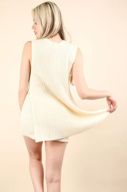 VERY J Slit Round Neck Top and Shorts Sweater Set - felvior