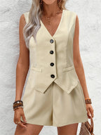 V-Neck Button Down Vest and Shorts Set