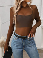 Mock Neck Long Sleeve Sheer Top