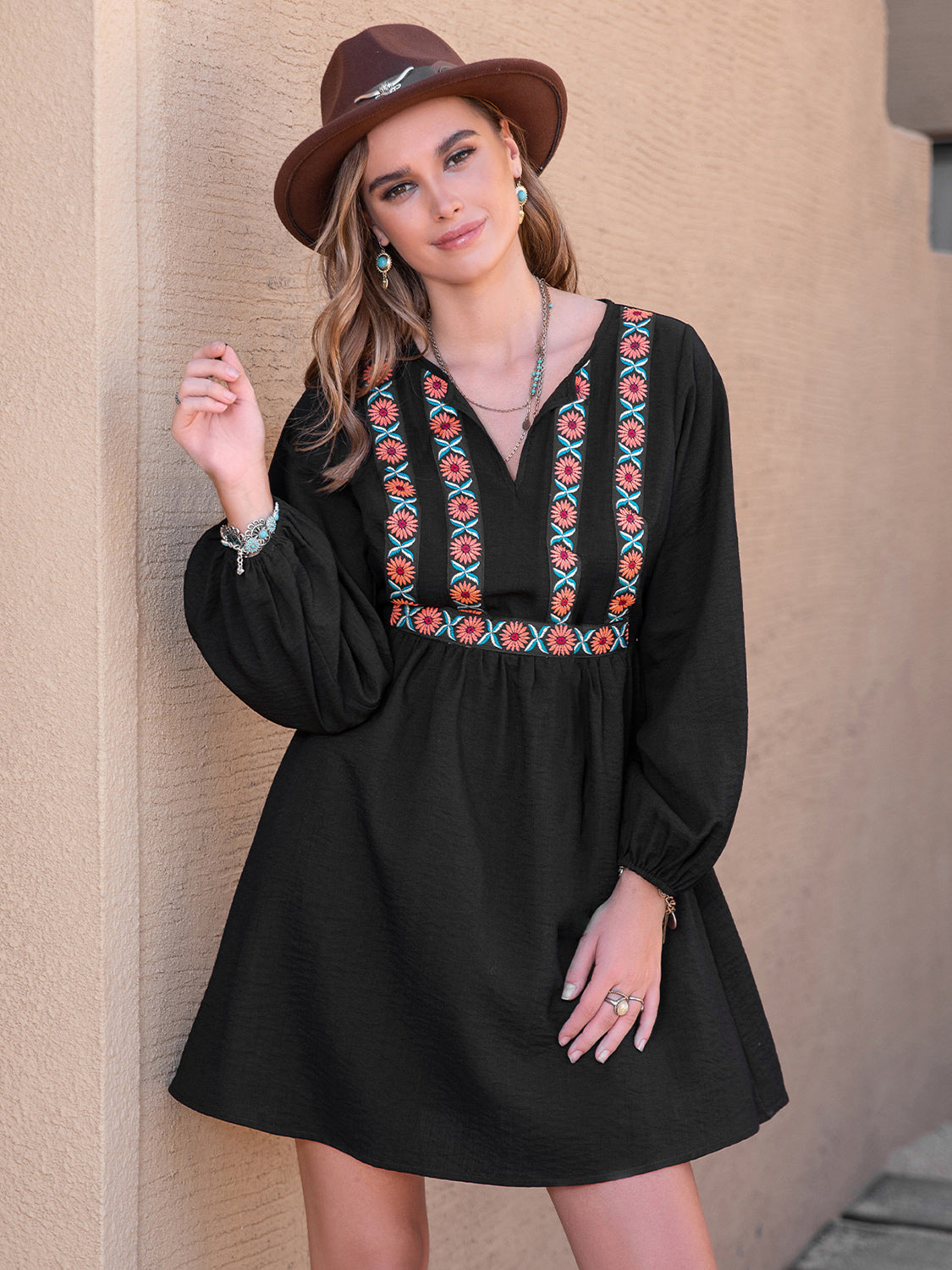Notched Neck Long Sleeve Printed Mini Dress - felvior