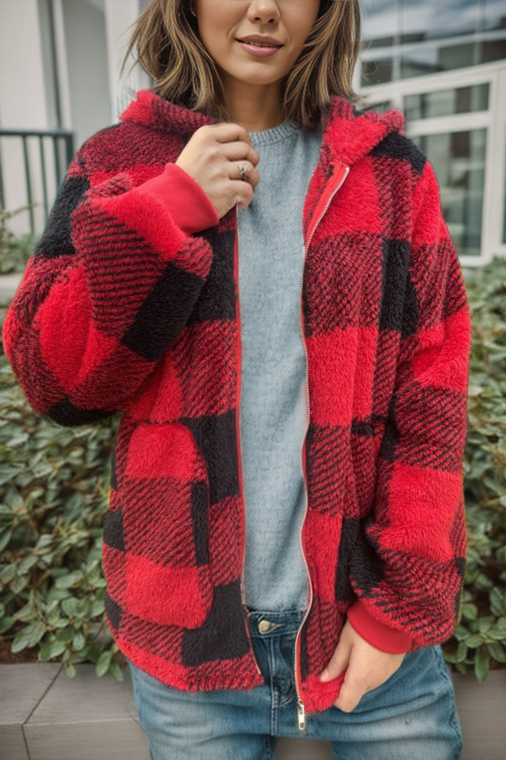 Double Take Full Size Plaid Long Sleeve Hooded Coat - felvior