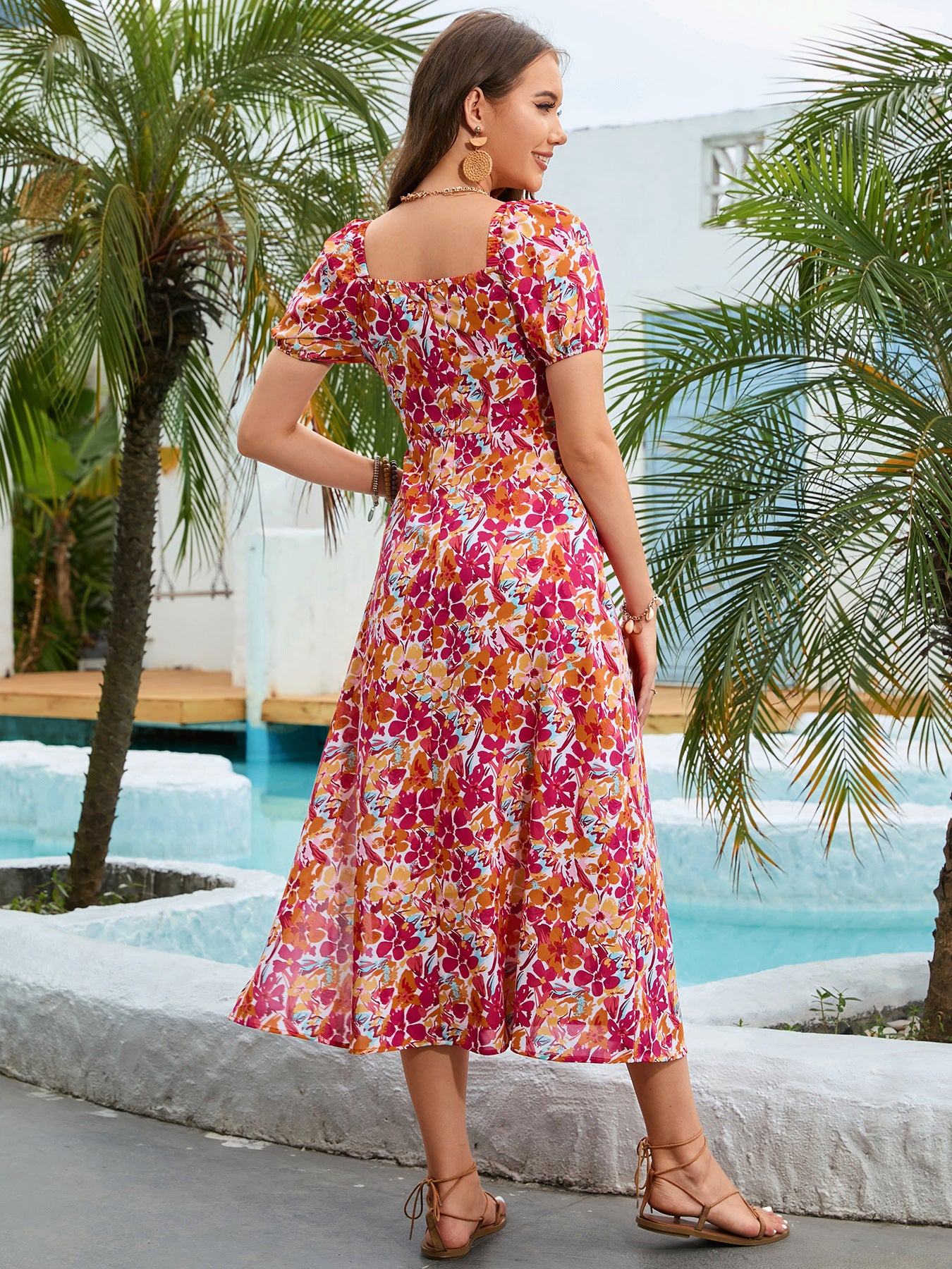 Floral Square Neck Short Sleeve Midi Dress - felvior
