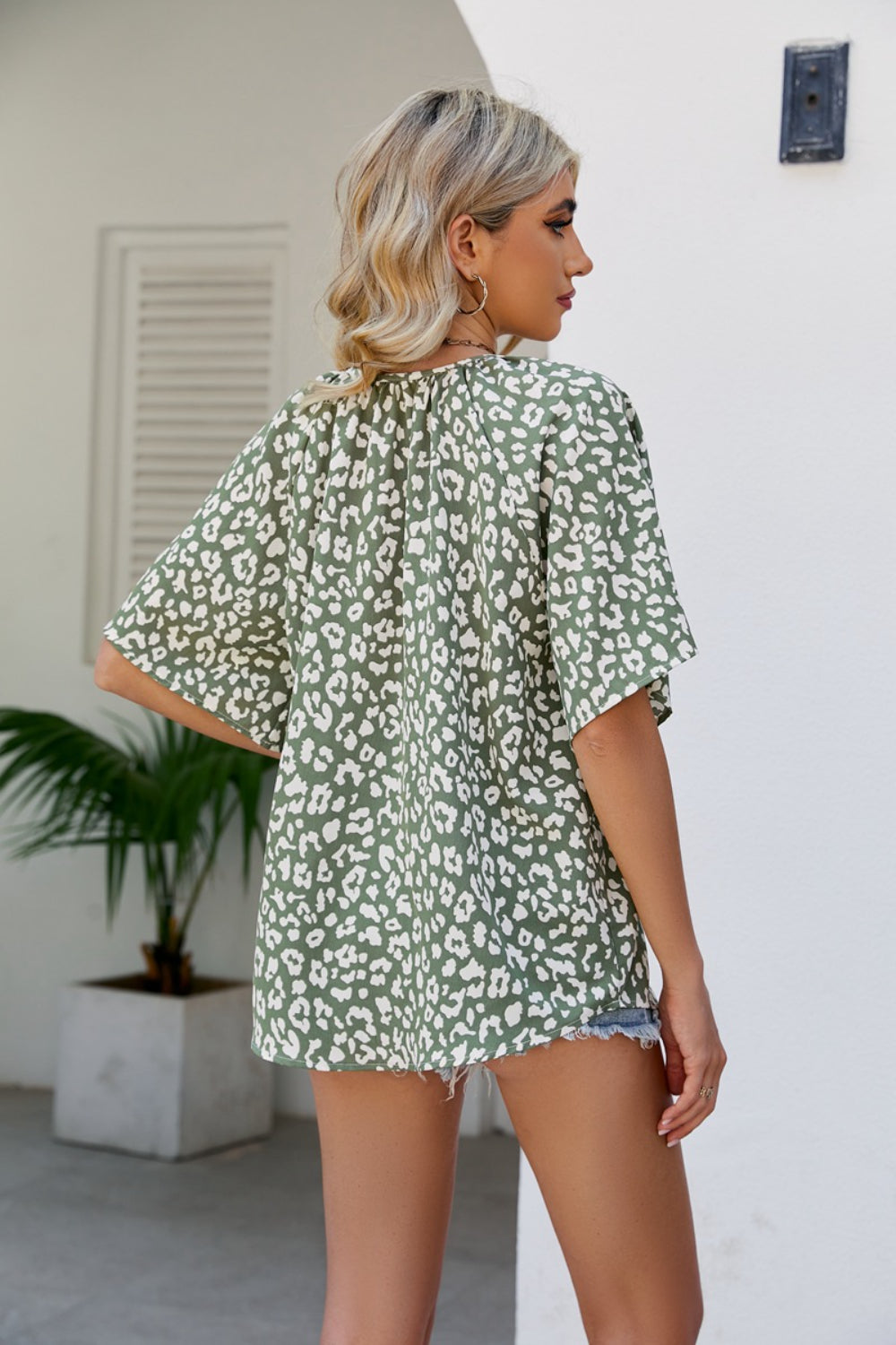 Leopard Notched Half Sleeve Blouse - felvior