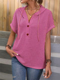 Waffle-Knit Hooded Short Sleeve Blouse - felvior