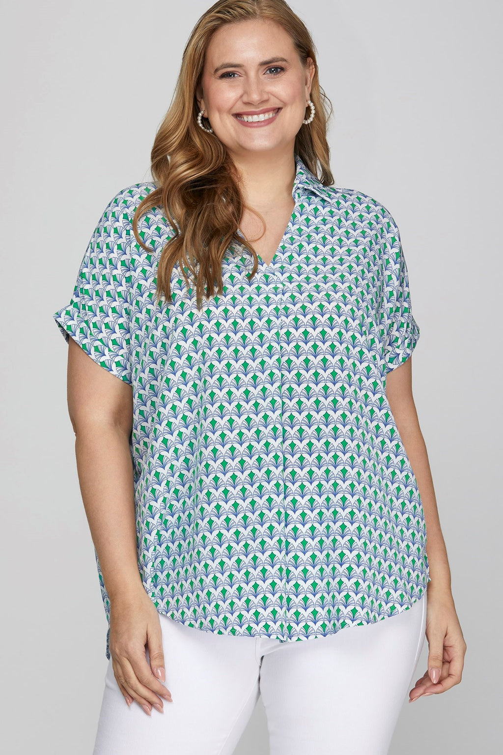 She + Sky Full Size Printed Johnny Collar Short Sleeve Blouse Plus Size