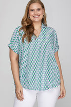 She + Sky Full Size Printed Johnny Collar Short Sleeve Blouse Plus Size