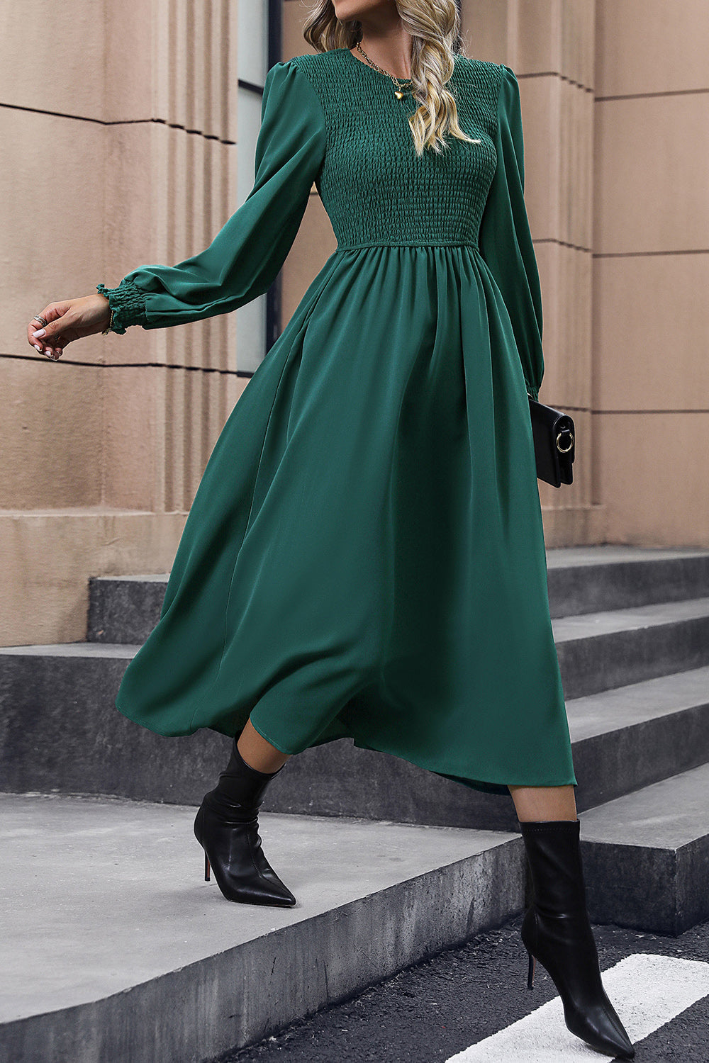 Perfee Smocked Long Sleeve Midi Dress - felvior