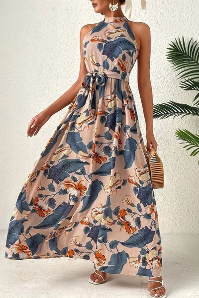 Tied Floral Sleeveless Dress - felvior