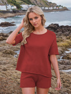 Round Neck Short Sleeve Top and Shorts Sweater Set