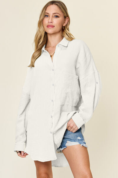 Double Take Full Size Pocketed Texture Button Up Shirt - felvior