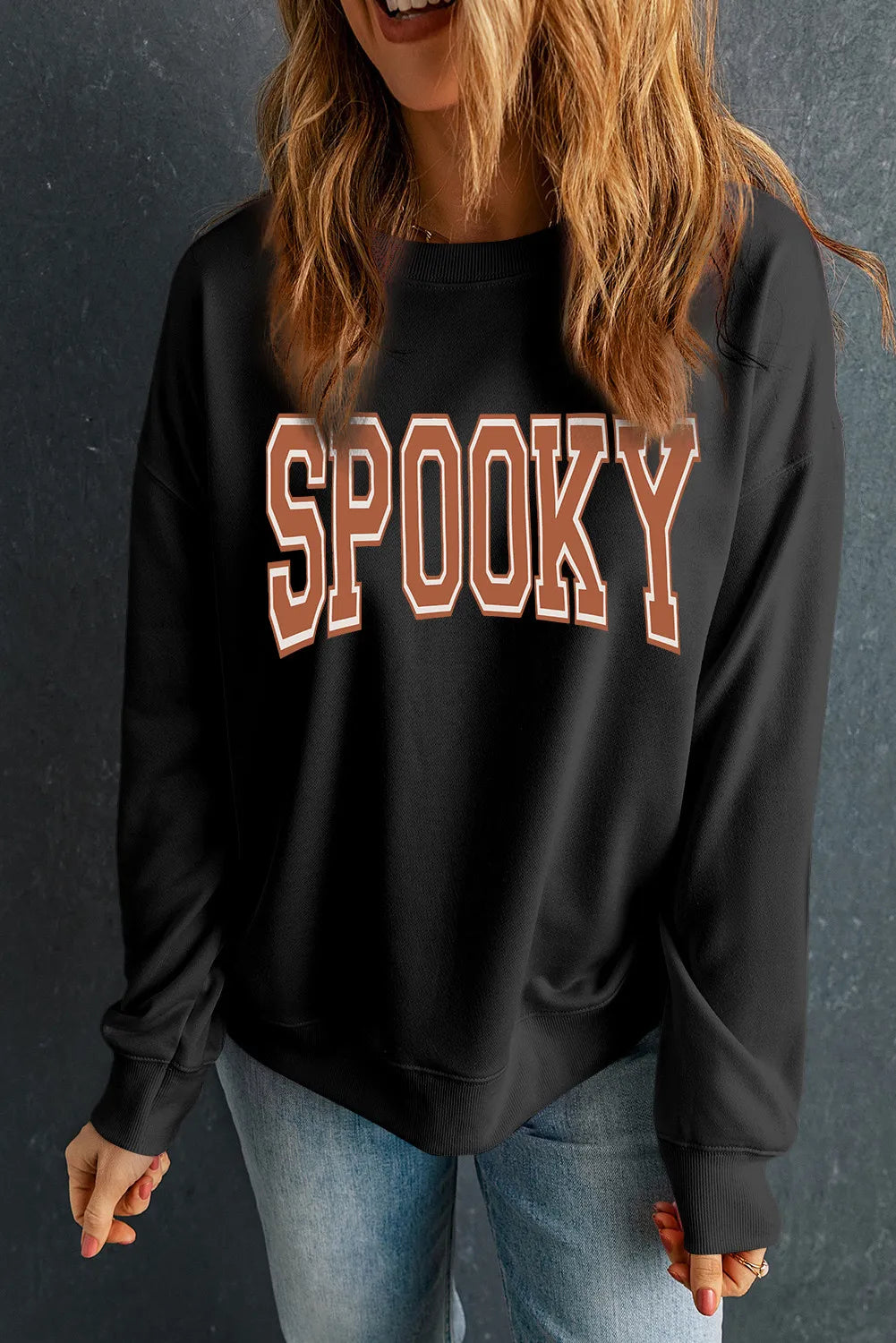 SPOOKY Round Neck Long Sleeve Sweatshirt - felvior