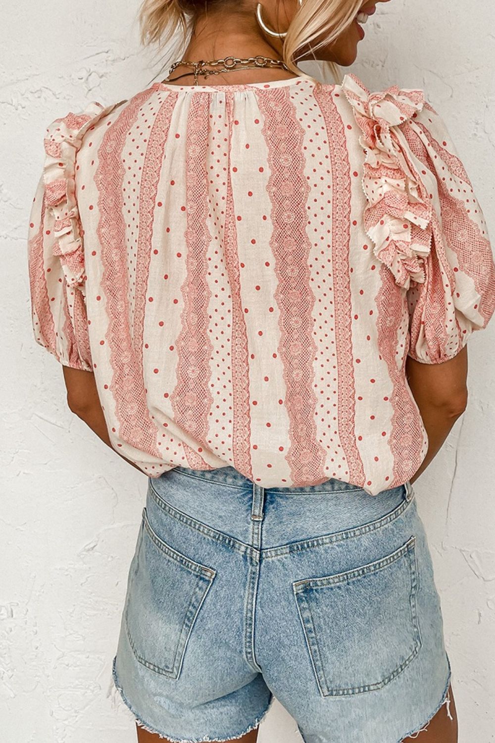 Frilled Short Puff Sleeve Mixed Print Blouse - felvior