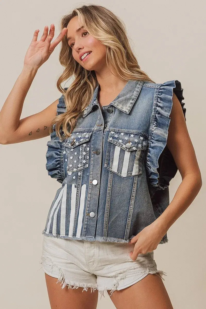 BiBi American Flag Washed Denim Jacket