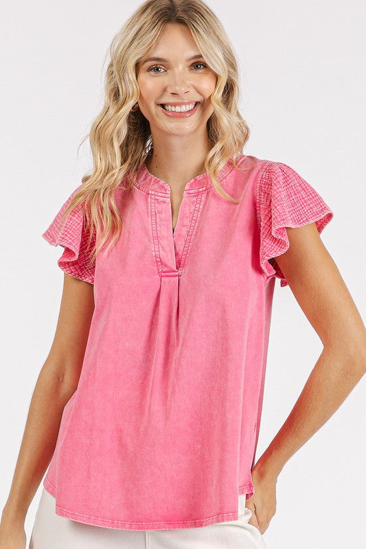 Mittoshop Mix Media Ruffle Short Sleeve Mineral Wash Top - felvior