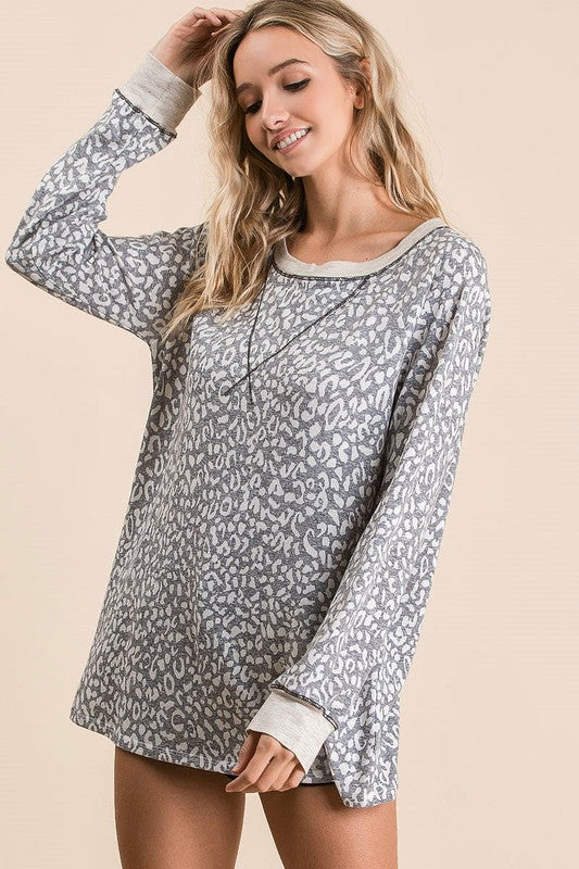 BiBi Leopard Round Neck Long Sleeve T-Shirt