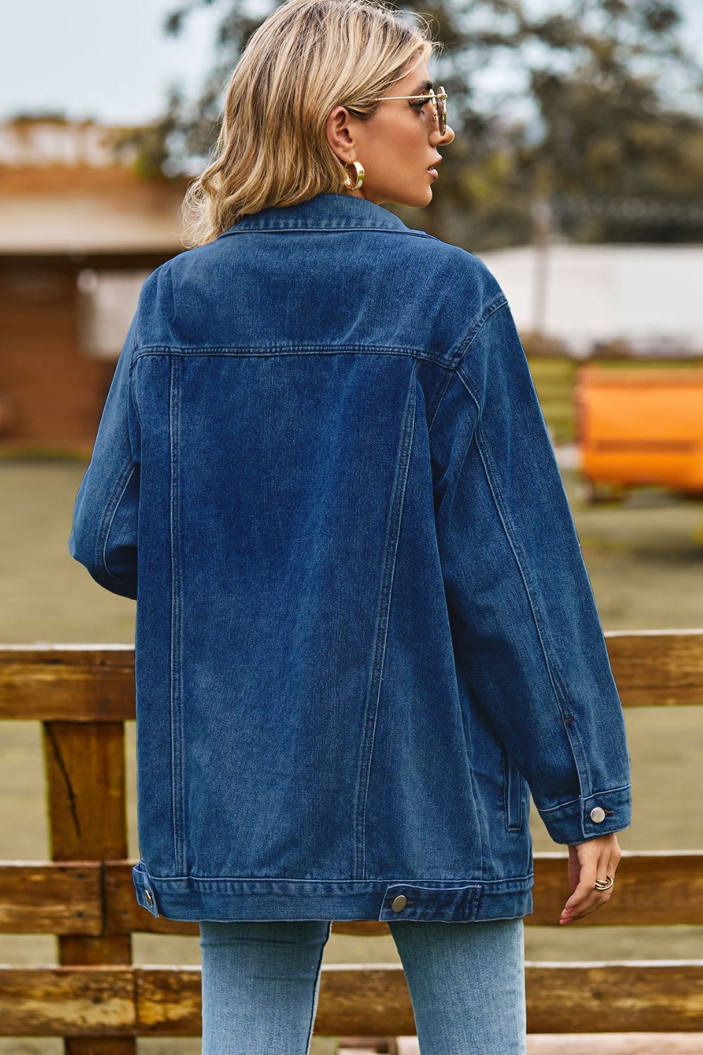 Buttoned Collared Neck Denim Jacket with Pockets - felvior