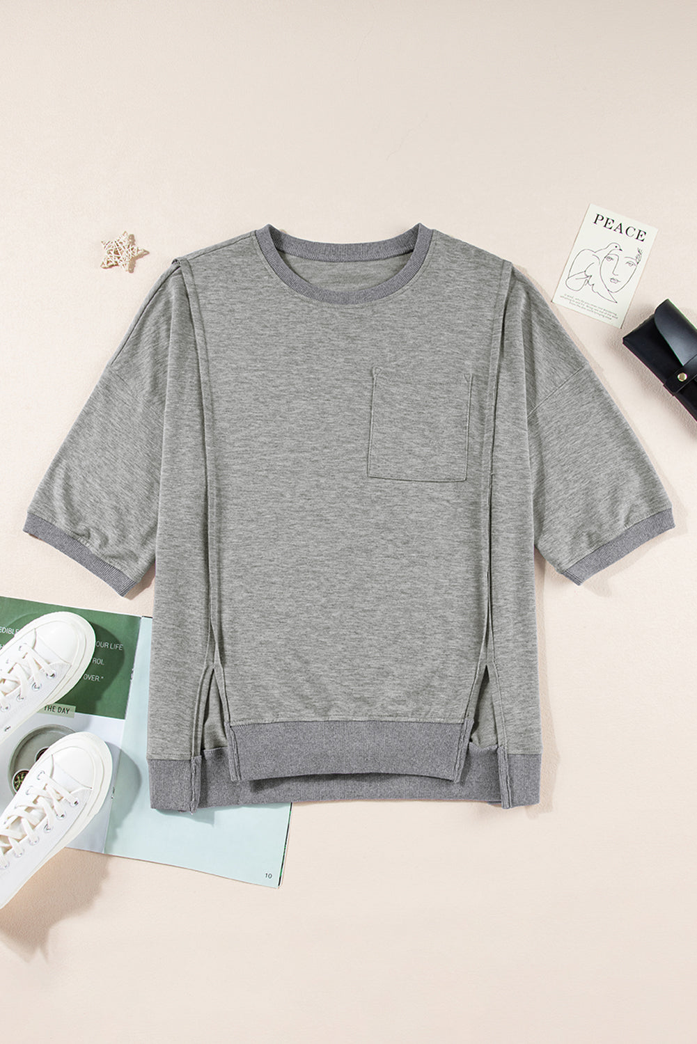Exposed Seam Side Slit Round Neck Top - felvior