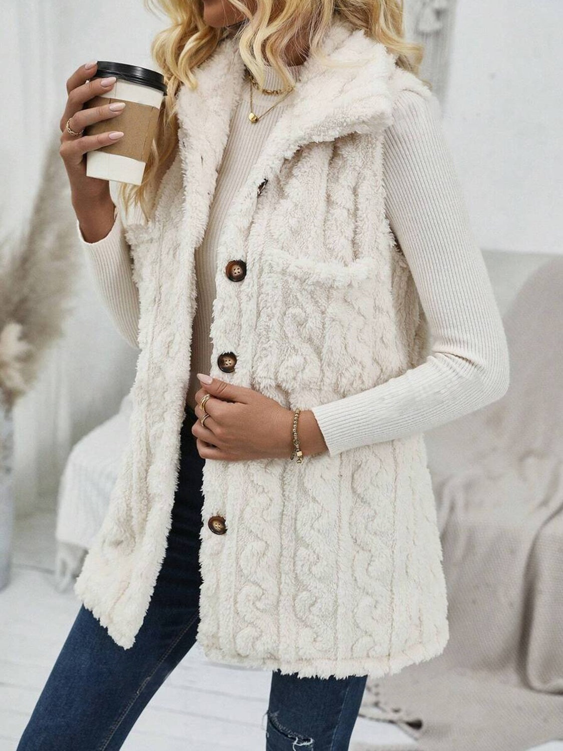Fuzzy Button Up Vest Coat - felvior