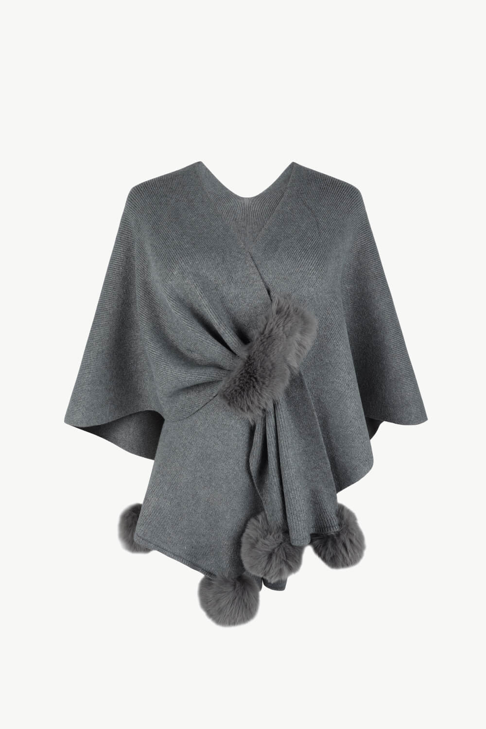 Surplice Neck Pom-Pom Trim Poncho - felvior