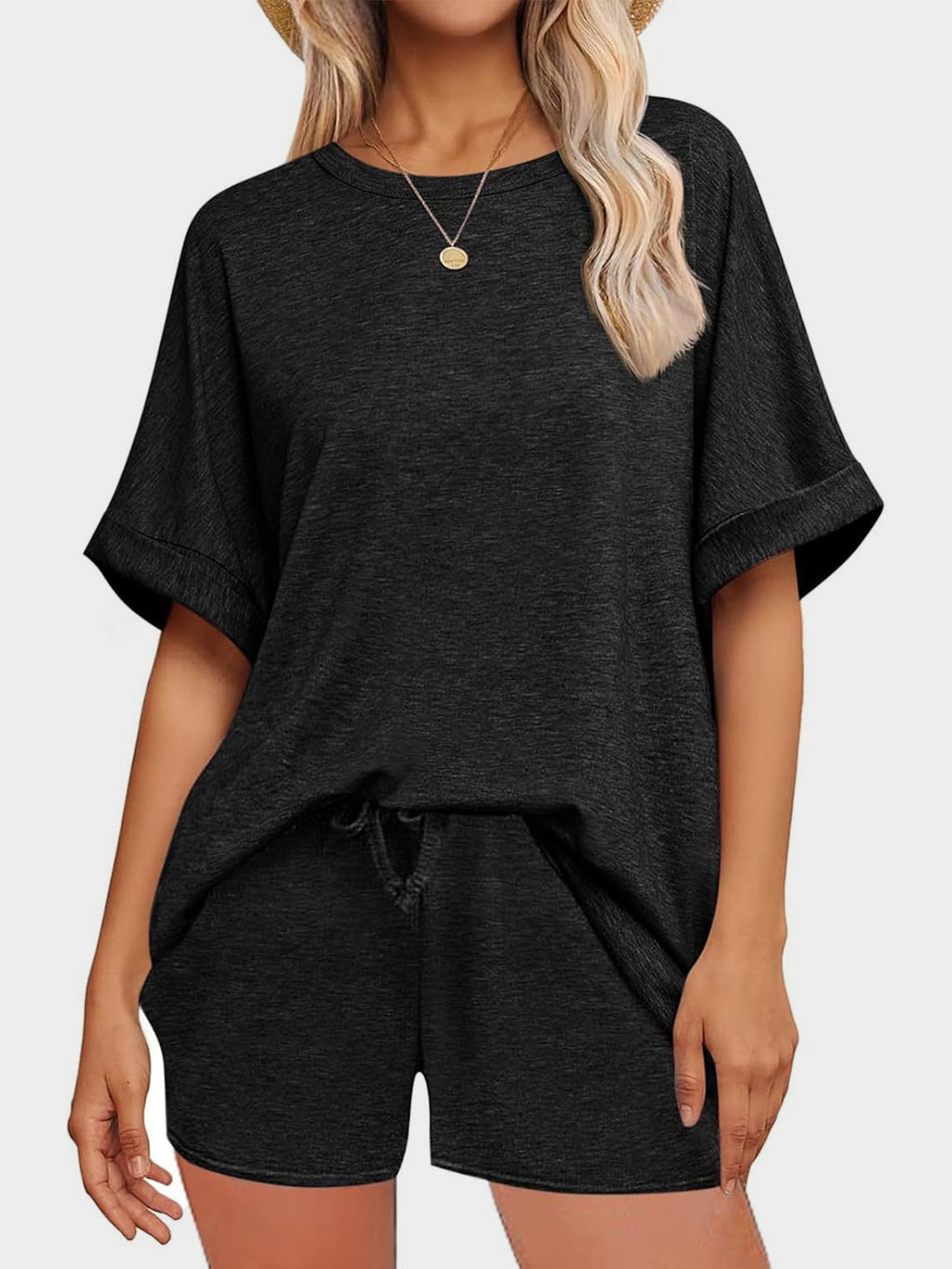 Round Neck T-Shirt and Drawstring Shorts Set