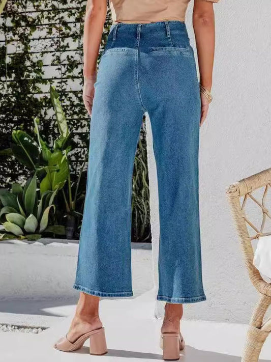 Button Fly Cropped Jeans with Pockets - felvior