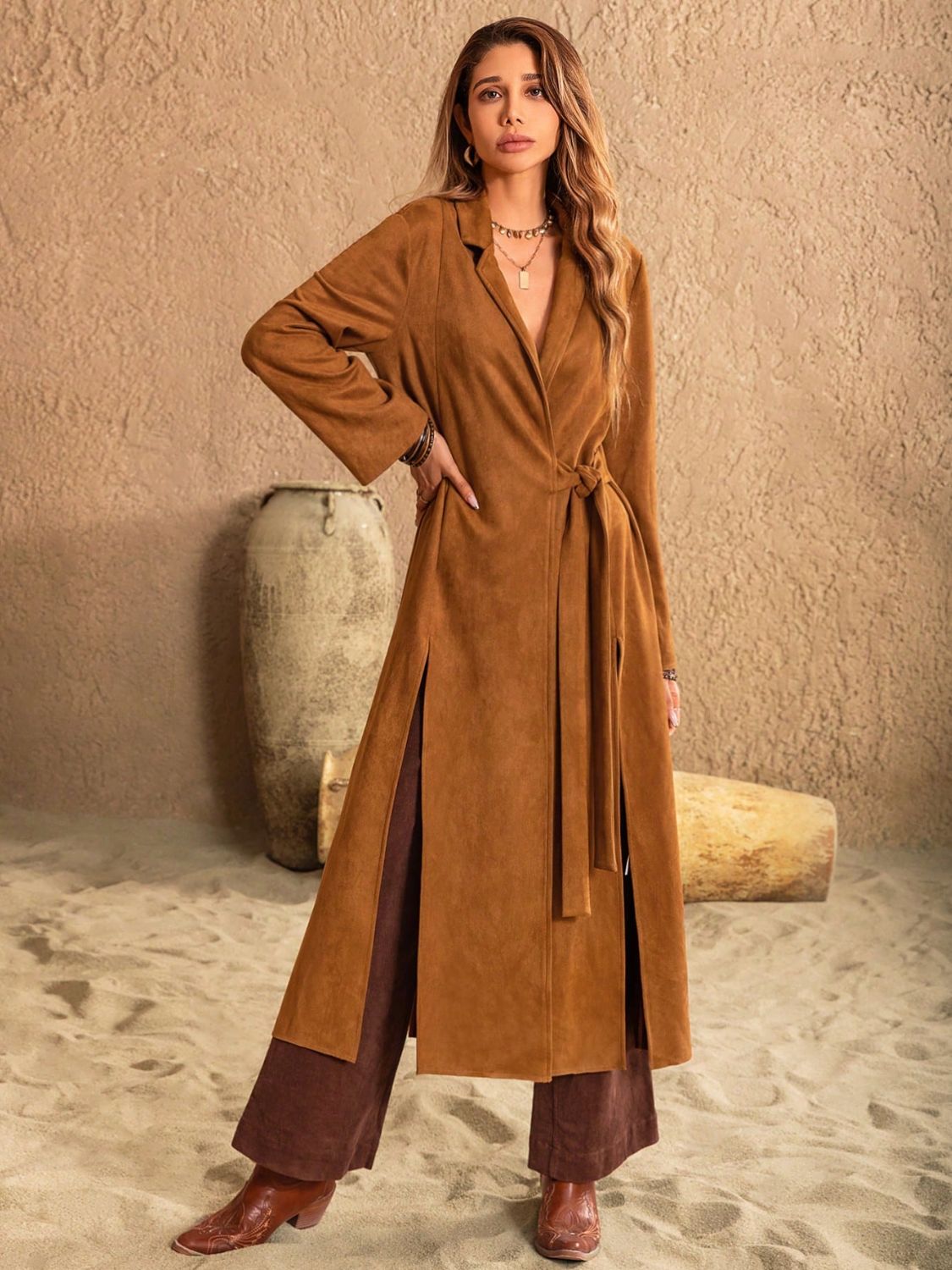 Slit Tied Collared Neck Longline Coat - felvior
