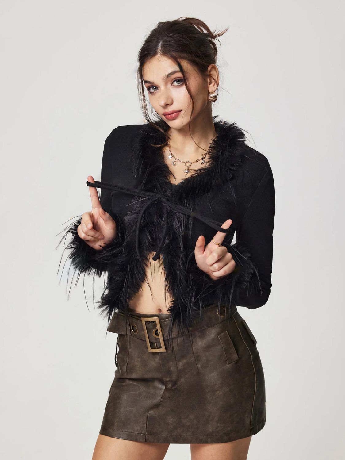 Tied Fuzzy Trim Long Sleeve Knit Cardigan - felvior