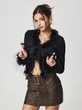 Tied Fuzzy Trim Long Sleeve Knit Cardigan - felvior