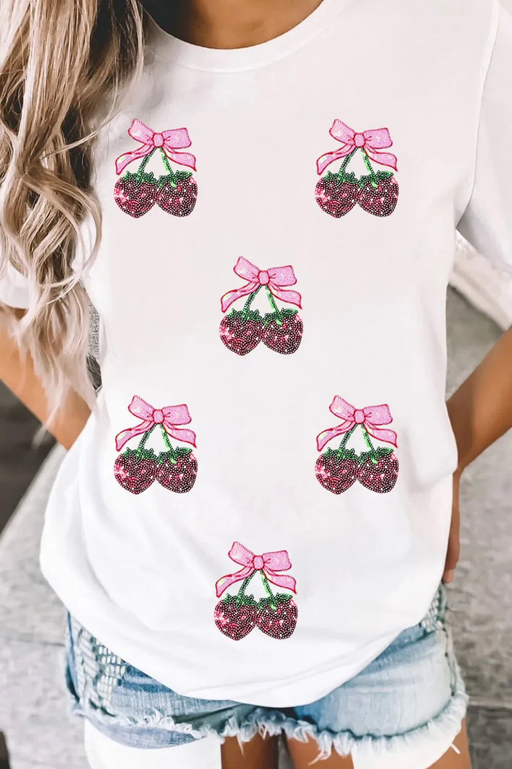 Sequin Cherry Round Neck Short Sleeve T-Shirt