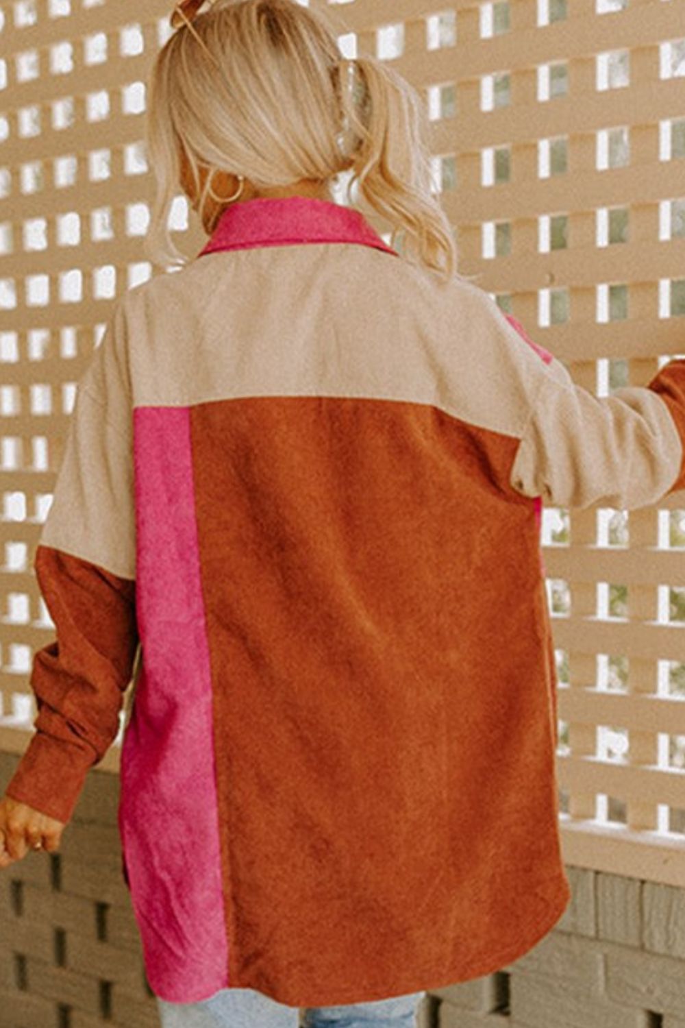 Color Block Curved Hem Corduroy Shacket with Pocket